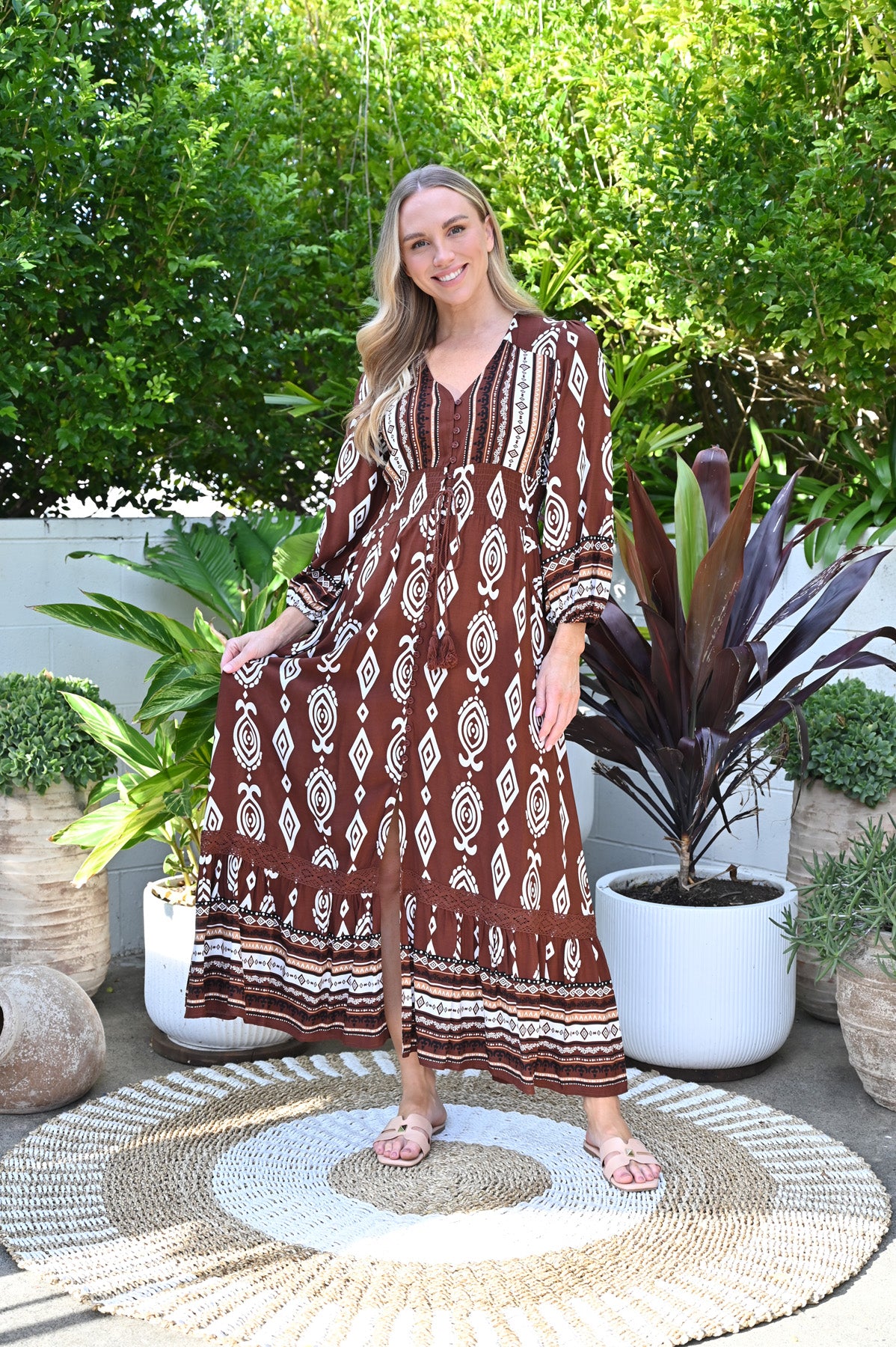 LONG SLEEVED BOHO MAXI - CHOCOLATE