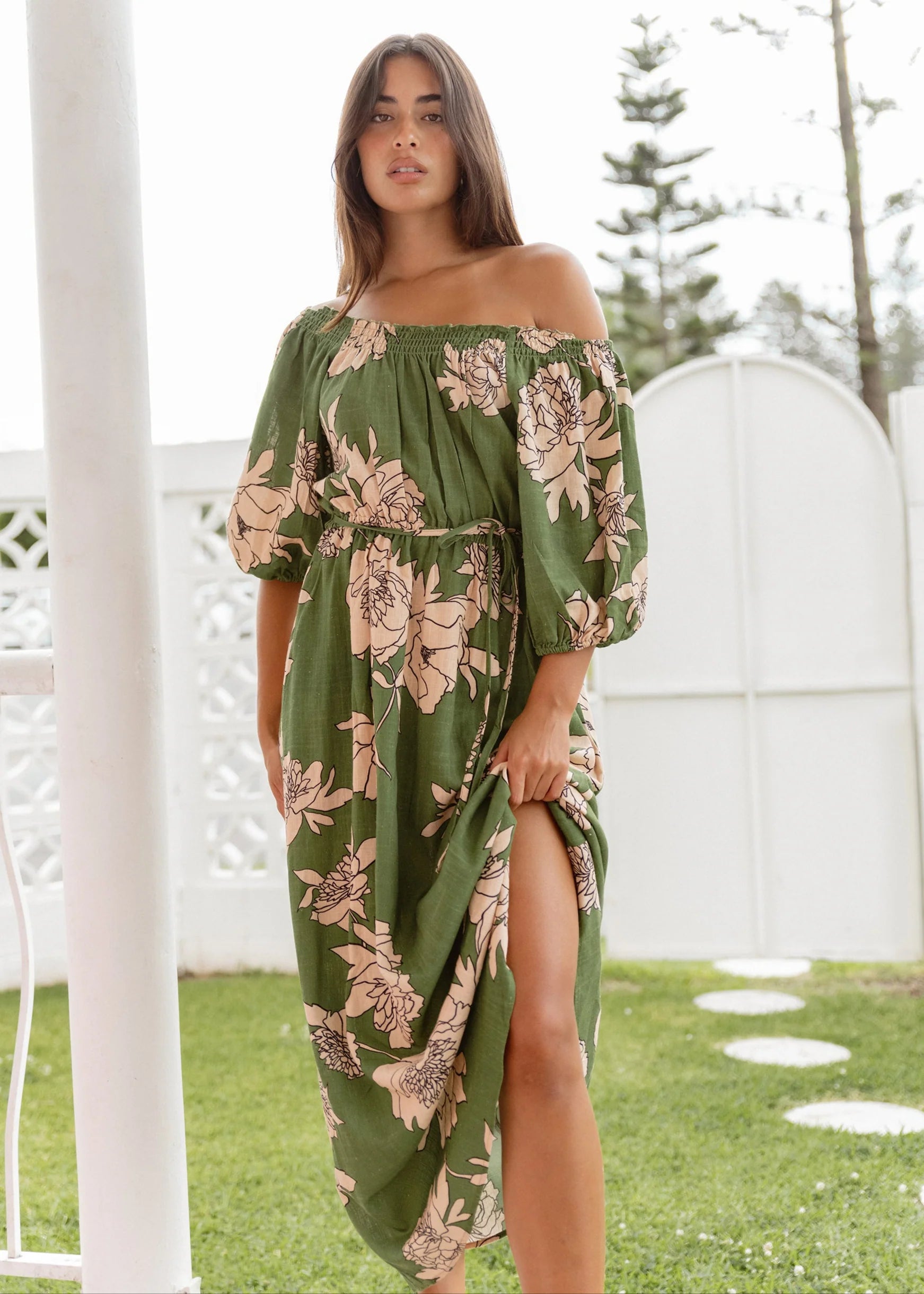 SASS ANTONIE OFF SHOULDER DRESS- MOONFLOWER GREEN