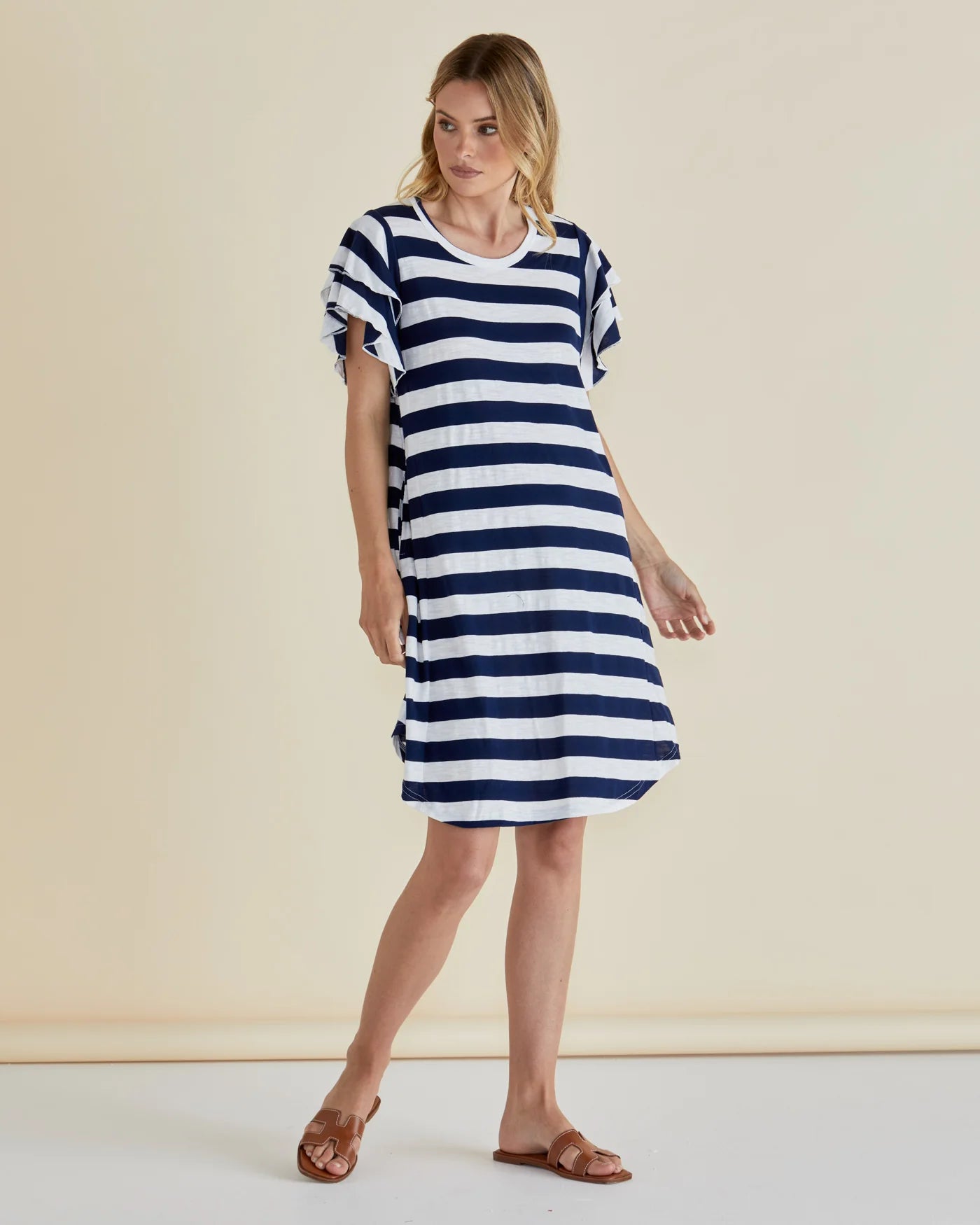 BETTY BASICS SYDNEY TEE DRESS- BLUE STRIPE NAVY