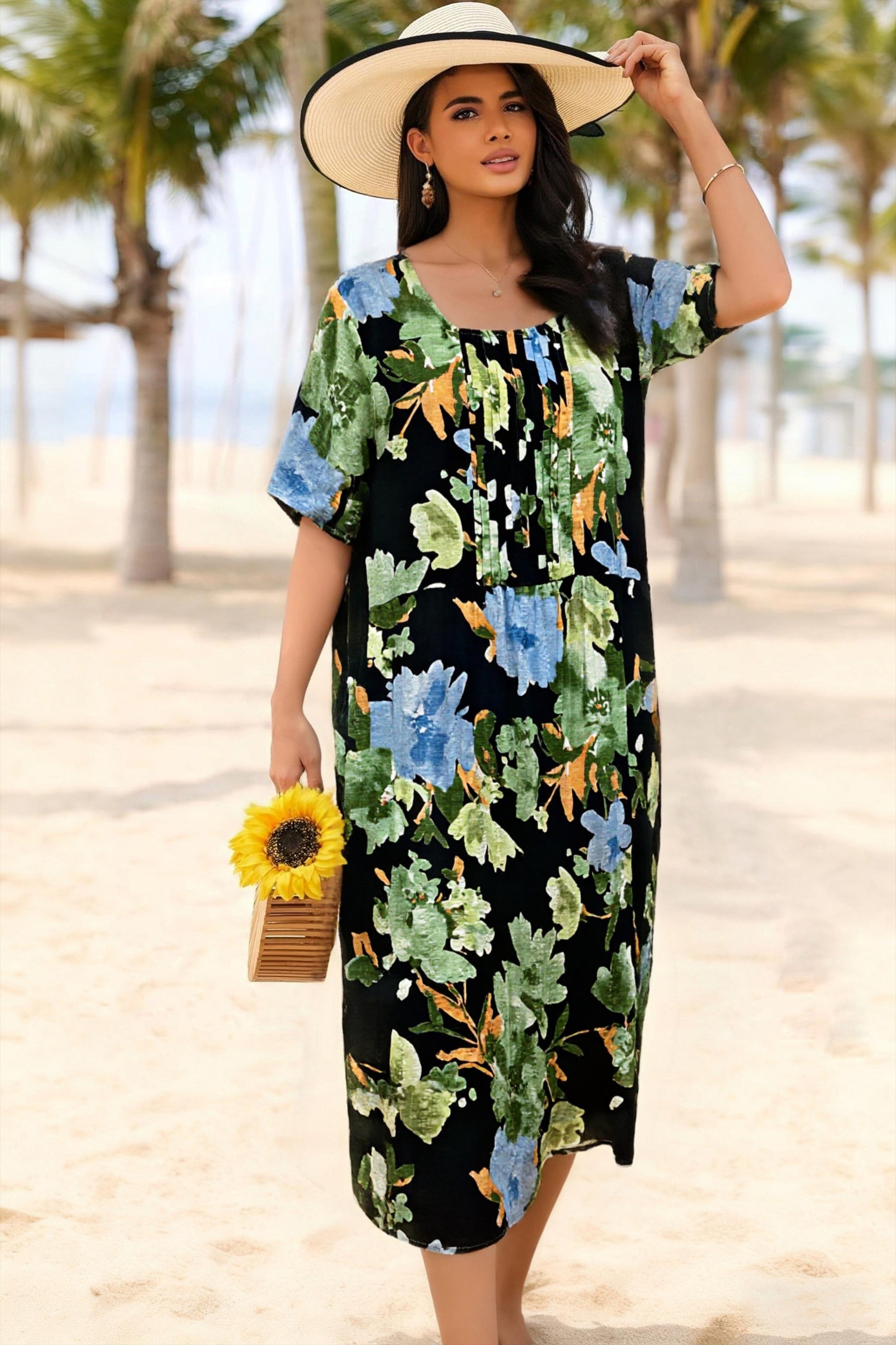 COTTON PINTUCK DETAIL BODICE DRESS - GREEN/BLUE