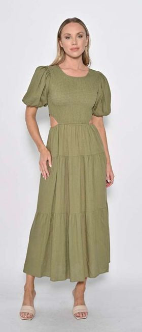 COTTON LINEN PEEP HOLE DRESS - KHAKI