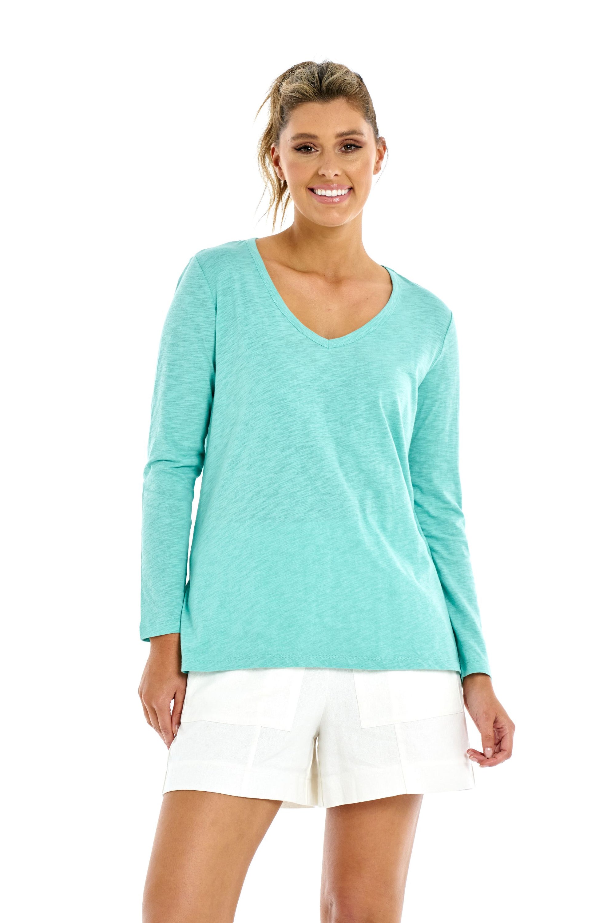 BETTY BASICS BONNIE LONG SLEEVE  TOP - SEAFOAM- SALE NOW ....