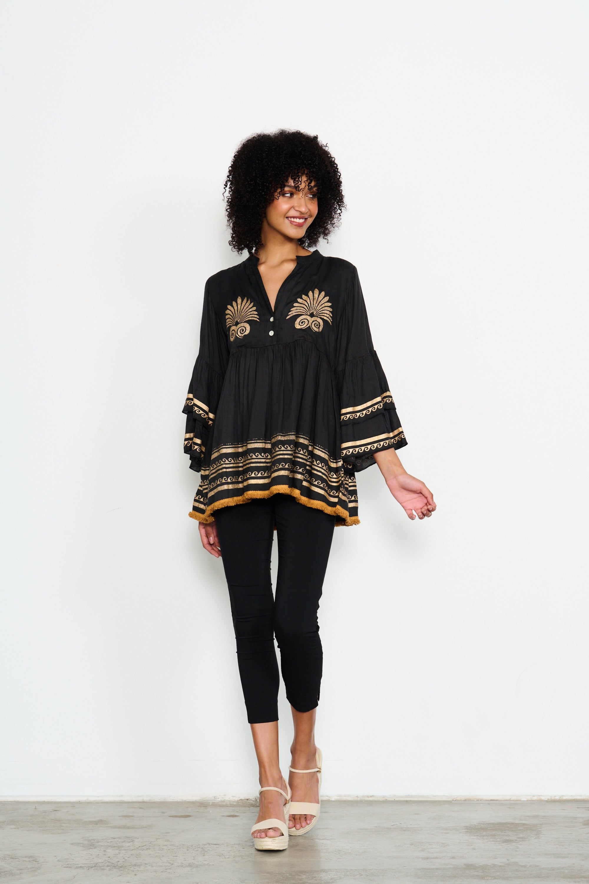 CAJU BLACK/GOLD MEDALLION BABY DOLL BLOUSE