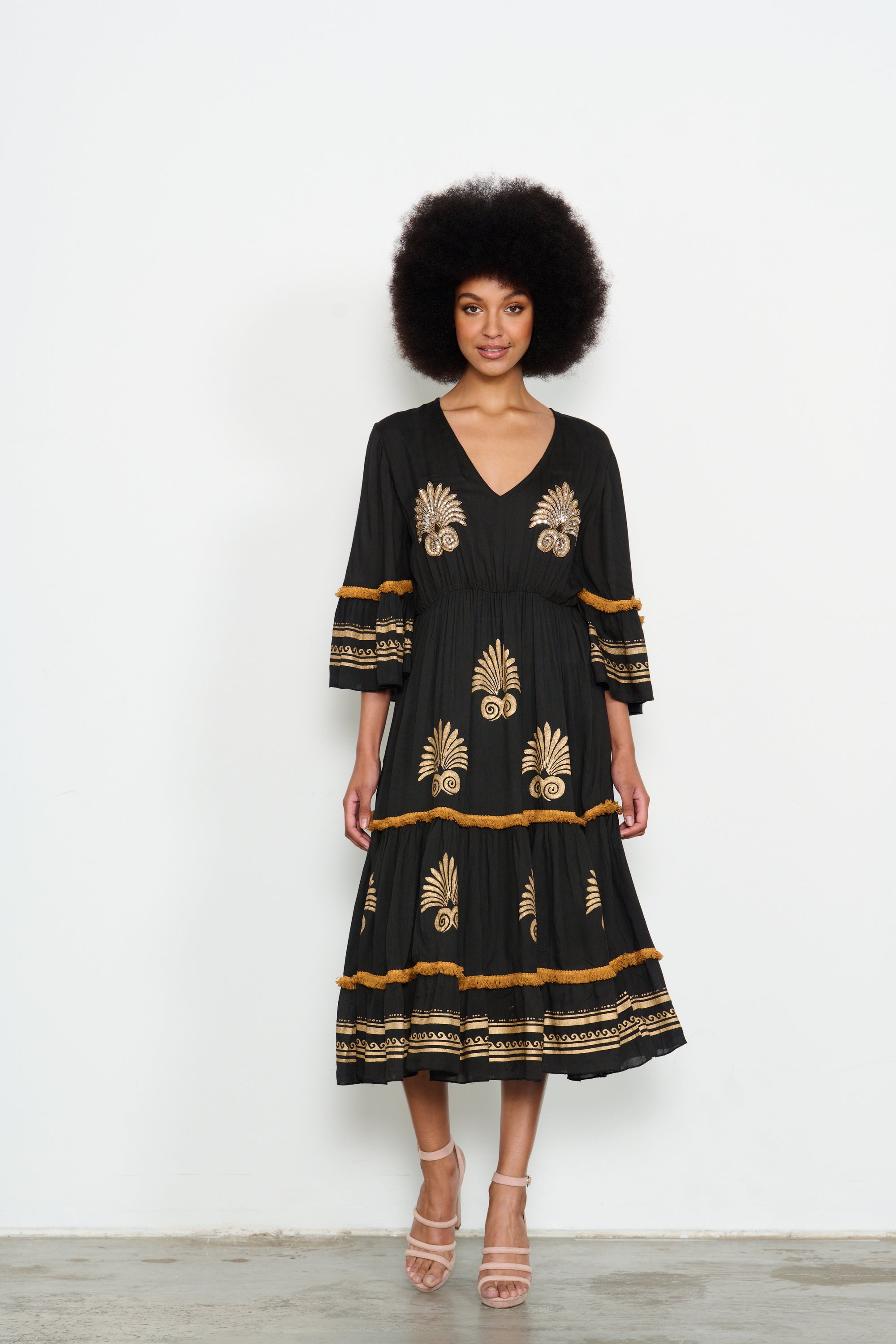 CAJU BEADED BLACK/GOLD MEDALLION DRESS