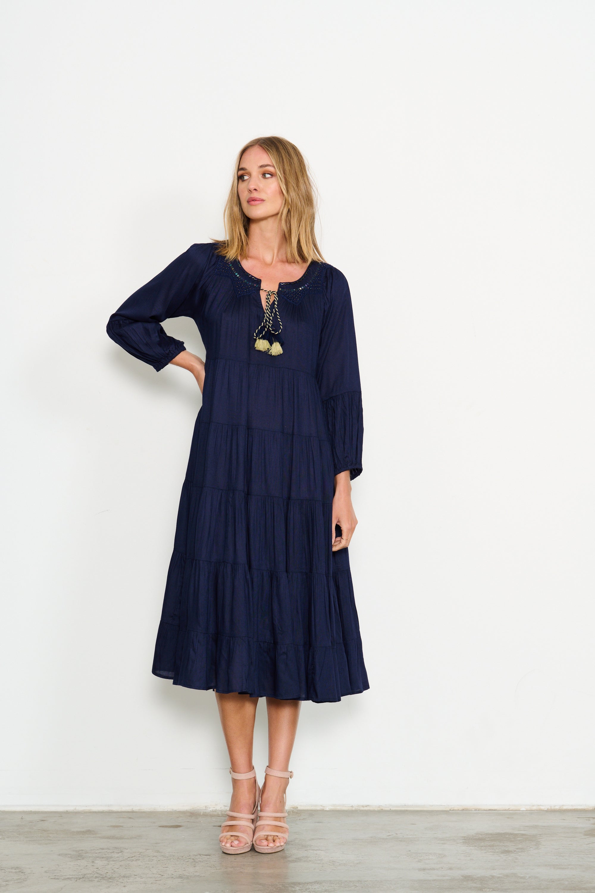 HAND BEADED NECK TRIM DRESS - NAVY