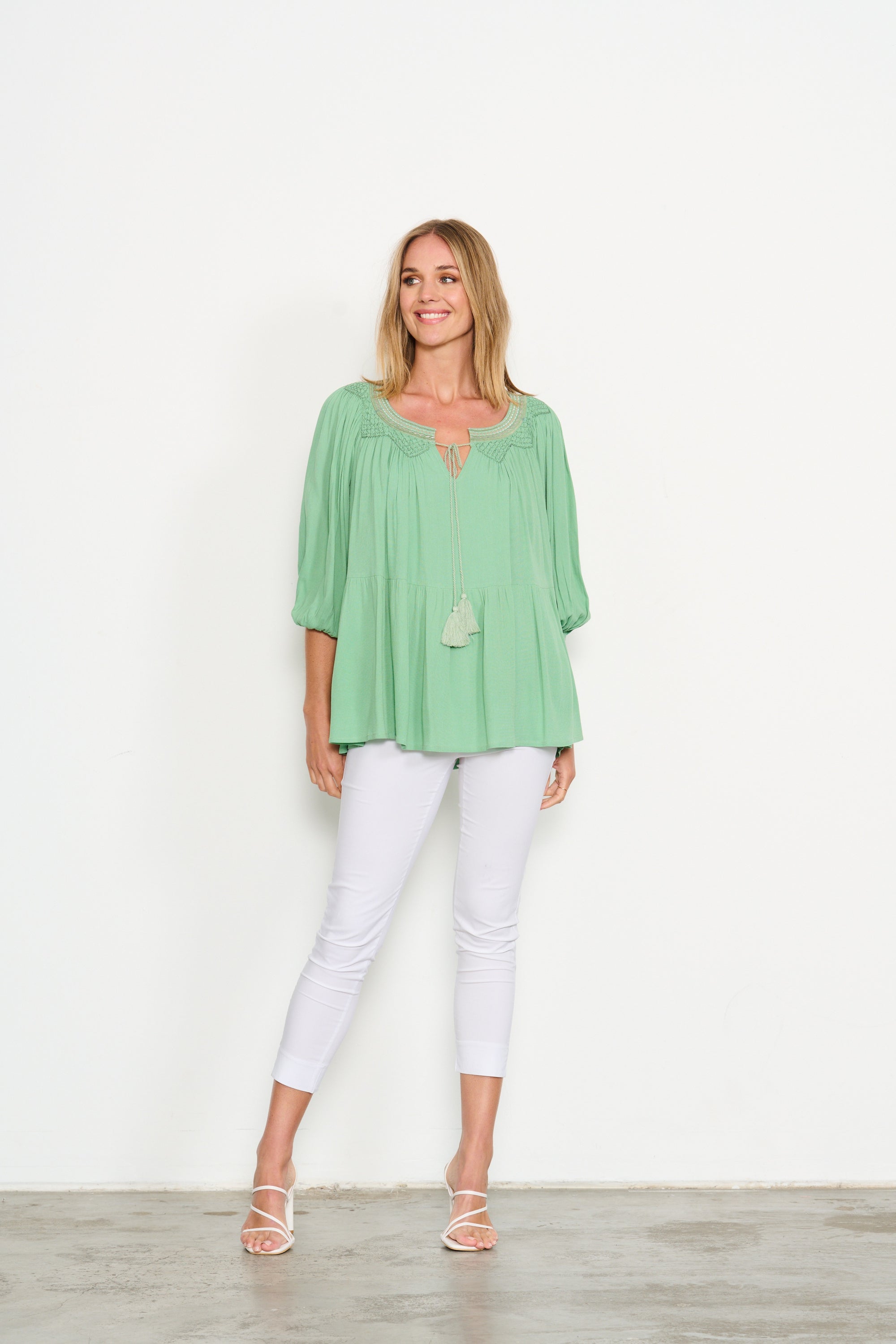 HAND BEADED NECK TRIM BLOUSE - MINT - SALE WAS $89.90 NOW....