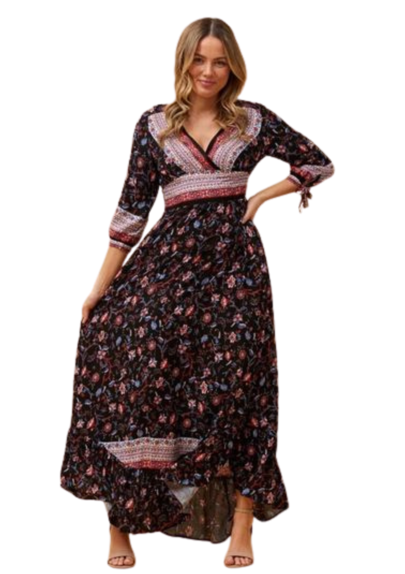 BLACK FLORAL 3/4 TIE SLEEVE MAXI .... WAS $109...NOW...