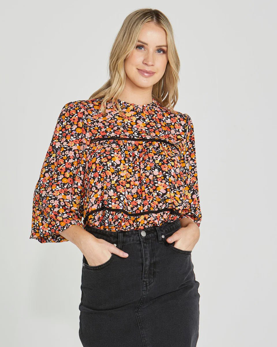 SASS JEMMA HIGH NECK TOP - BLACK DITSY -SALE WAS $89.90....