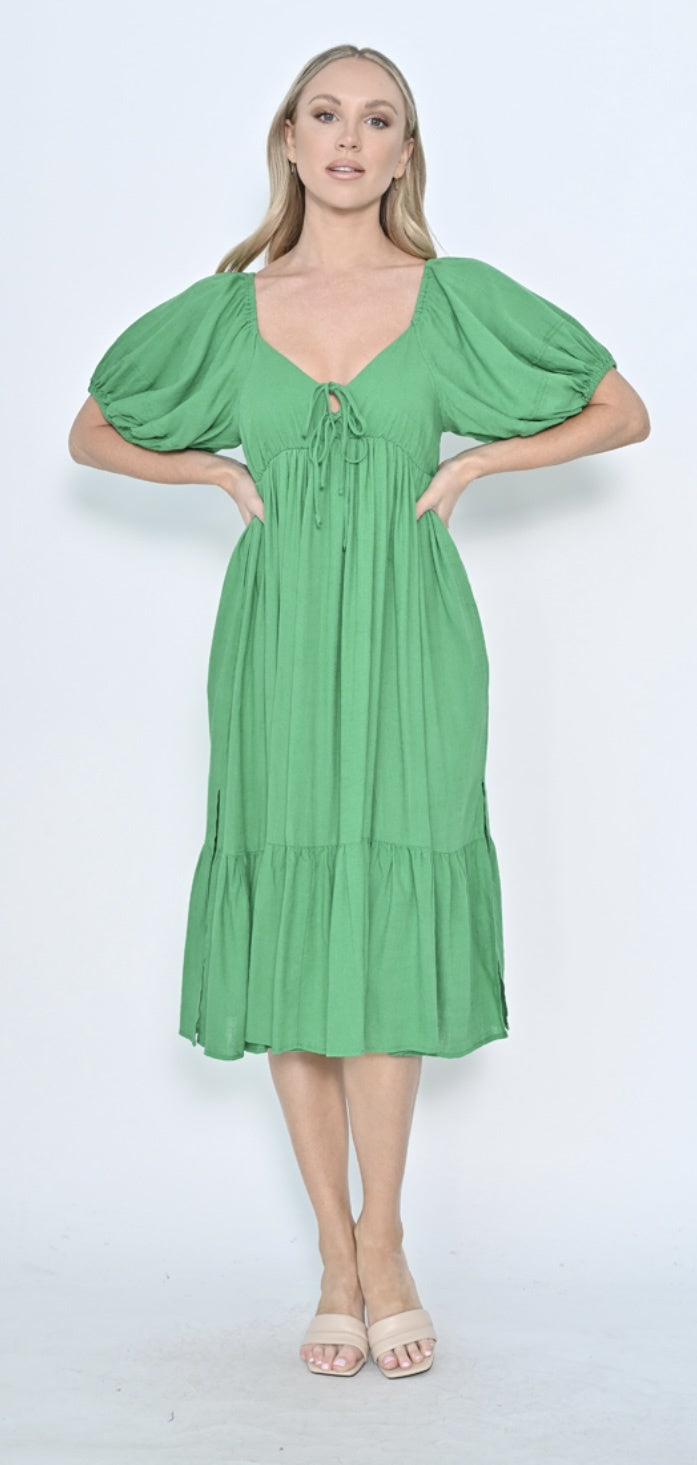 COTTON LINEN LACE UP DRESS EMERALD