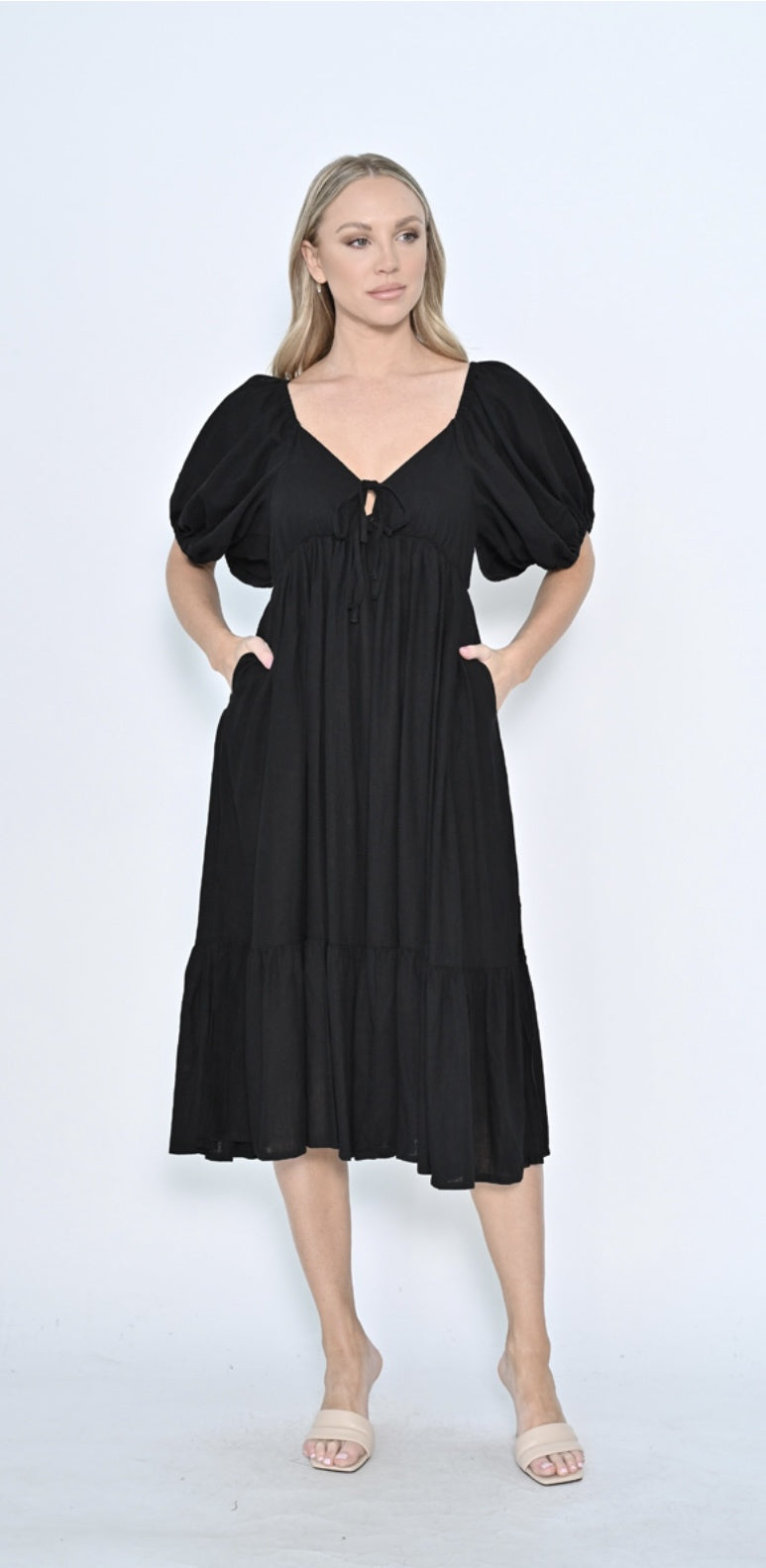 COTTON LINEN LACE UP DRESS - BLACK