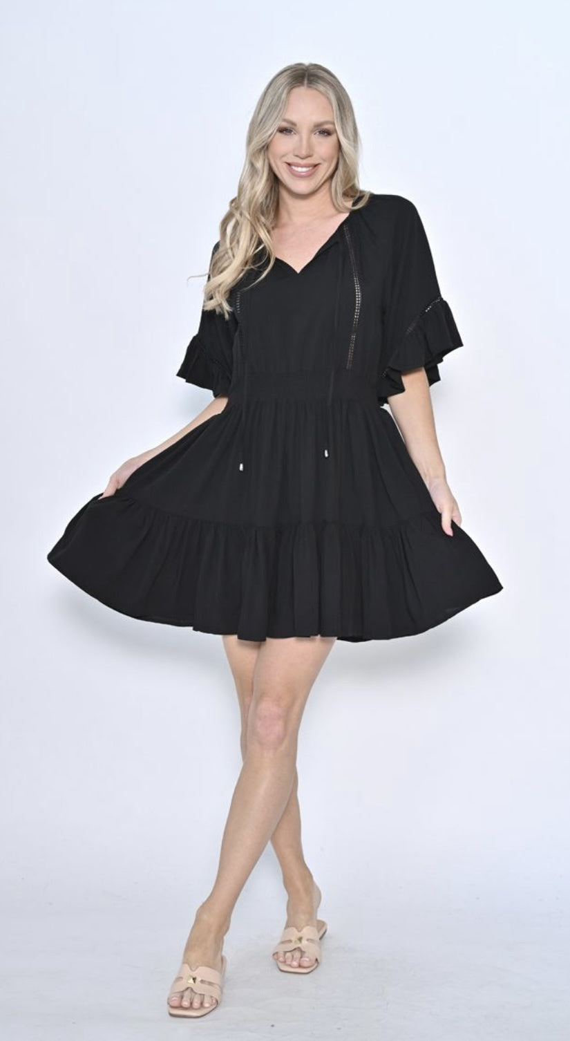 LACE DETAIL RUFFLE DRESS BLACK